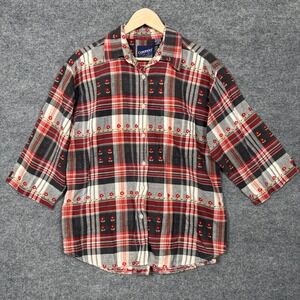 Vintage Company One Sz XL Shirt Black Plaid Embroidered Flower Button Up Cotton